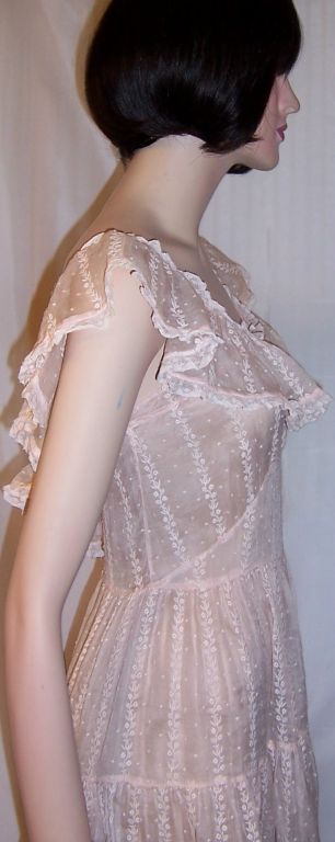 1930's Pale Pink Organdy, Embroidered Gown with Ruffled Collar For Sale 2
