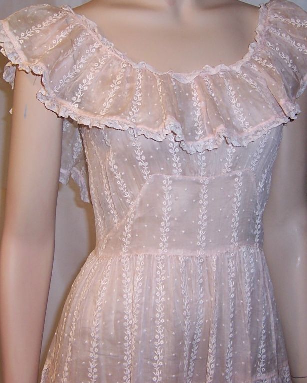 1930's Pale Pink Organdy, Embroidered Gown with Ruffled Collar For Sale 3