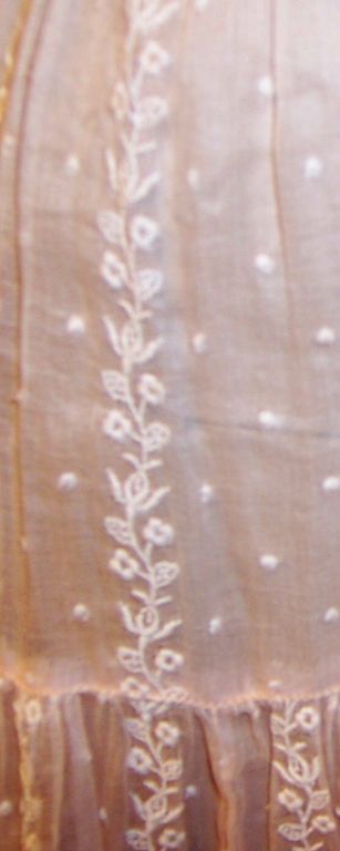 1930's Pale Pink Organdy, Embroidered Gown with Ruffled Collar For Sale 4