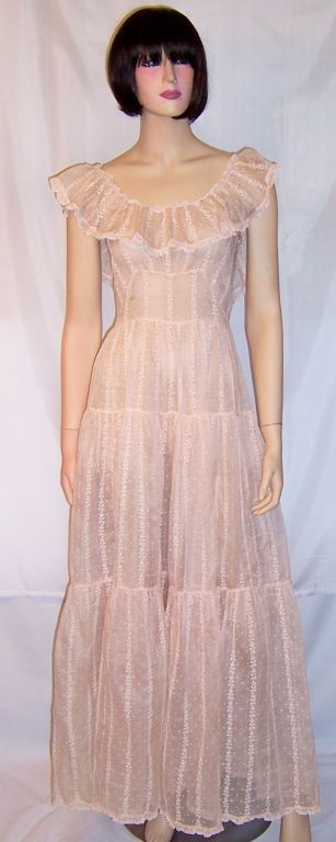 1930's Pale Pink Organdy, Embroidered Gown with Ruffled Collar For Sale 5