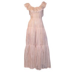 1930's Pale Pink Organdy, Embroidered Gown with Ruffled Collar