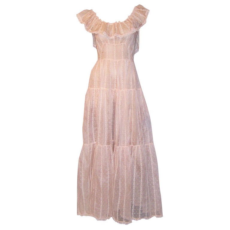 1930's Pale Pink Organdy, Embroidered Gown with Ruffled Collar For Sale