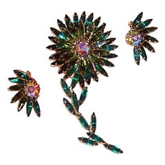 Multi-Colored Green Flower Brooch with Matching Earrings