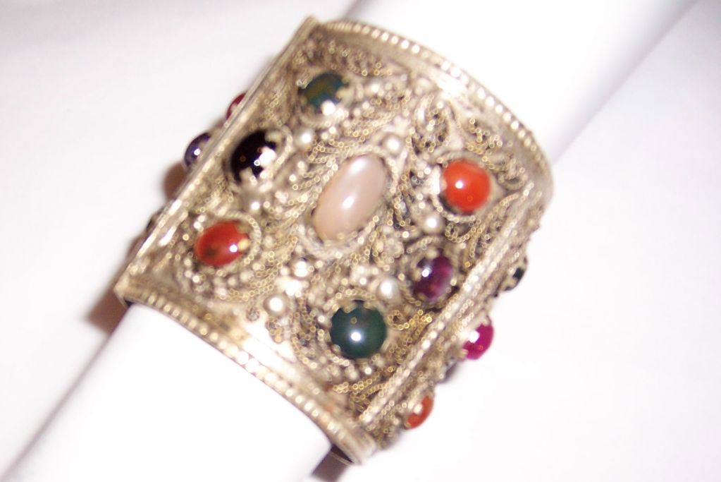 Women's Large Ethnic Cuff Bracelet/ Filigree Work & Semi-Precious Stones For Sale
