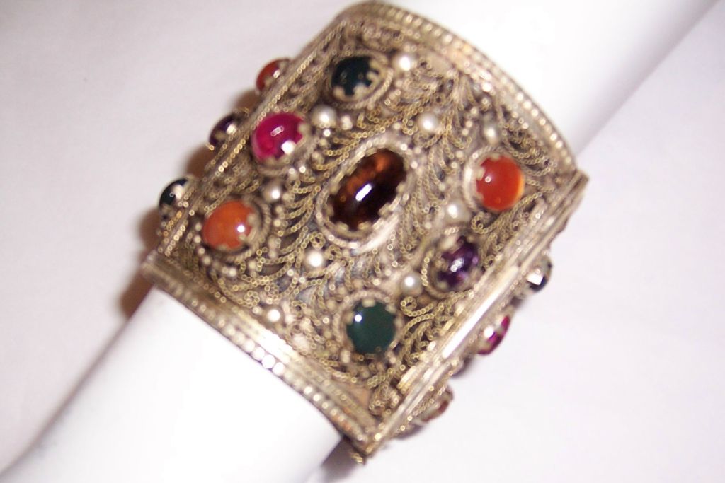 Large Ethnic Cuff Bracelet/ Filigree Work & Semi-Precious Stones For Sale 2