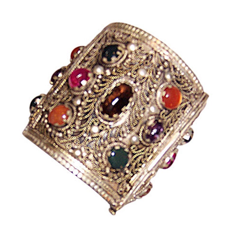 Large Ethnic Cuff Bracelet/ Filigree Work & Semi-Precious Stones For Sale