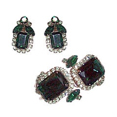Vintage 1960's Demi-Parure Green Rhinestone Clamper Bracelet/Earrings