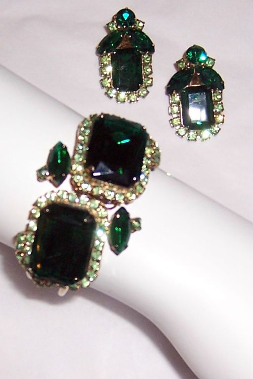 1960's Demi-Parure Green Rhinestone Clamper Bracelet/Earrings