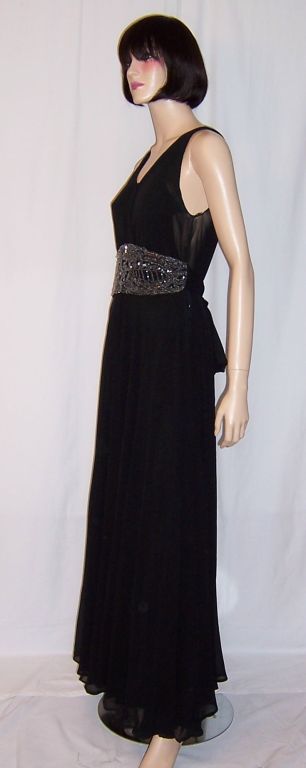 Elegant 1930's Black Chiffon Gown with Beaded Waist Band