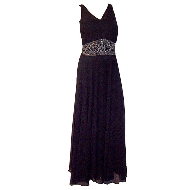 Elegant 1930
s Black Chiffon Gown with Beaded Waist Band For Sale