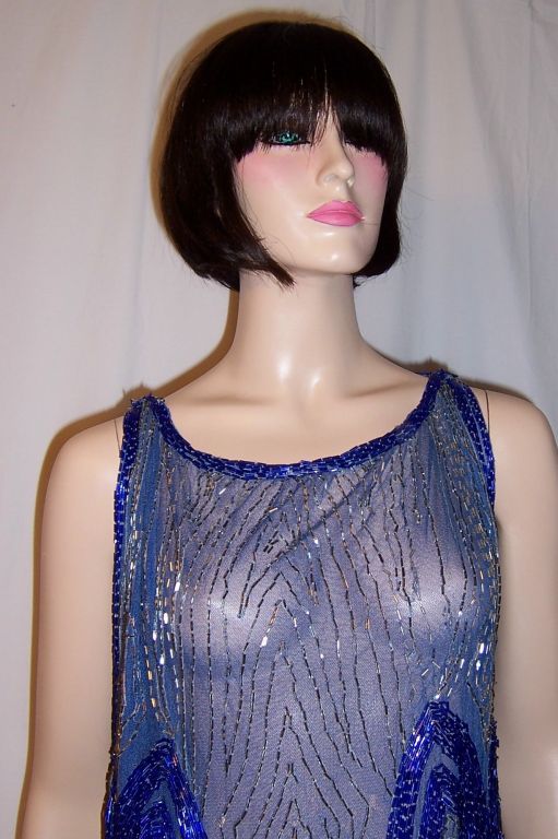 1920's Cobalt Blue and Silver Beaded Flapper Dress 2