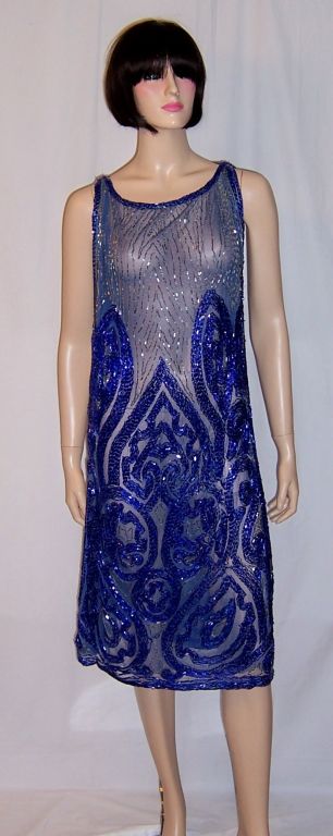 1920's Cobalt Blue and Silver Beaded Flapper Dress 4