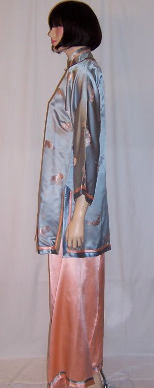 Women's Salmon Pink & Blue Three-Piece Silk Lounging Outfit For Sale