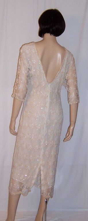 Women's Oleg Cassini, 1970's, Beaded, Sequined, & Lace Cocktail Dress For Sale
