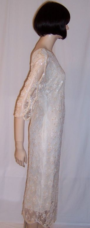 Oleg Cassini, 1970's, Beaded, Sequined, & Lace Cocktail Dress For Sale 1