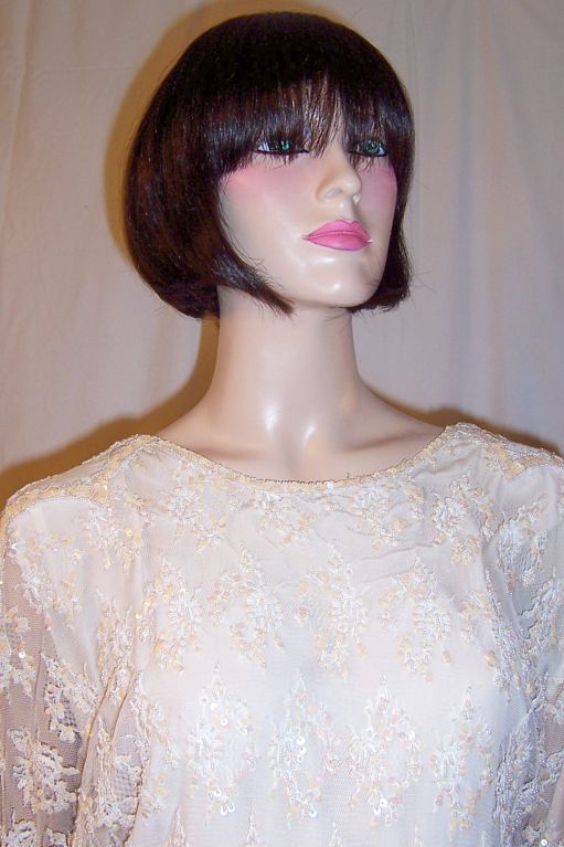 Oleg Cassini, 1970's, Beaded, Sequined, & Lace Cocktail Dress For Sale 3