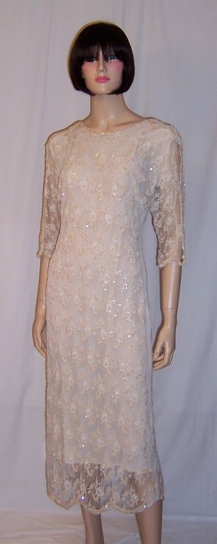 Oleg Cassini, 1970's, Beaded, Sequined, & Lace Cocktail Dress For Sale 5