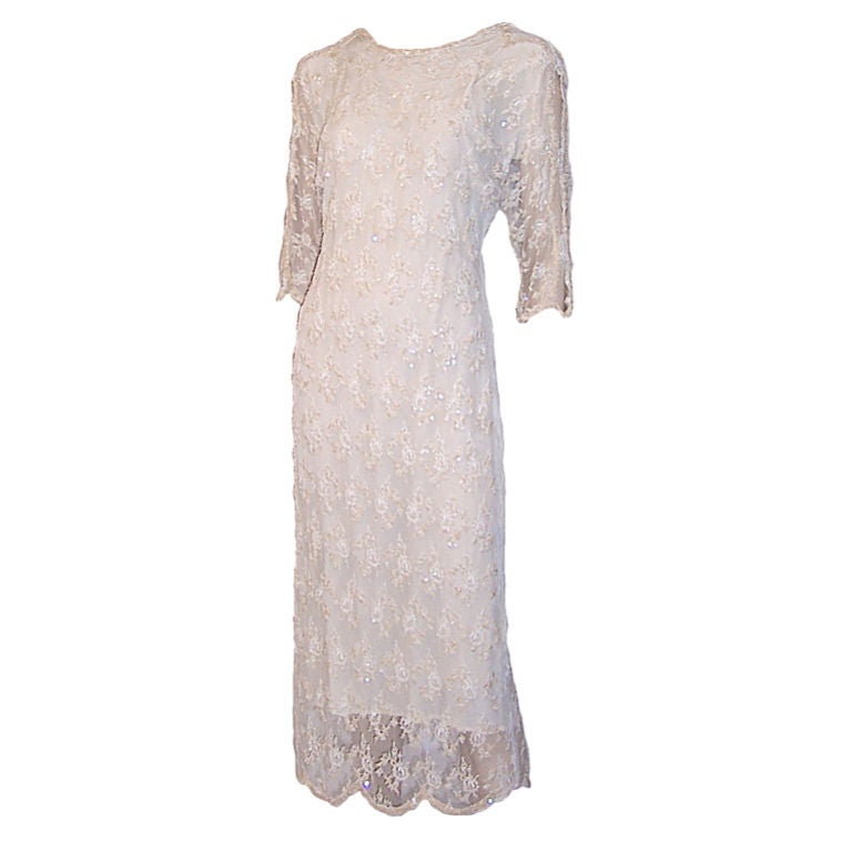 Oleg Cassini, 1970's, Beaded, Sequined, & Lace Cocktail Dress For Sale