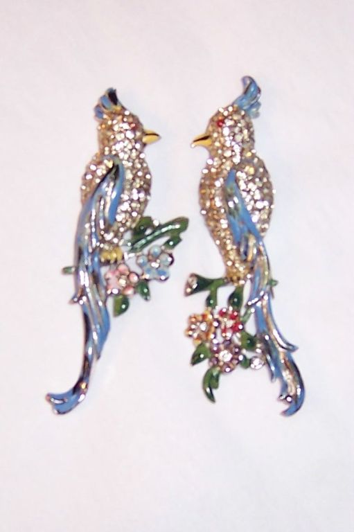 Rhinestone and Enameled Bird Fur Clips