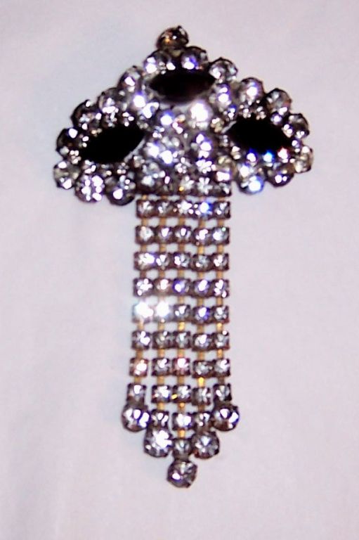 Art Deco Jet and Clear Rhinestone Dangle Brooch For Sale