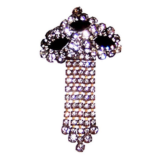 Jet and Clear Rhinestone Dangle Brooch For Sale