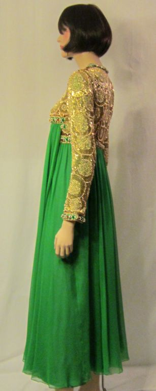 Travilla Kelly Green Gown with Beaded & Jeweled Bodice/Sleeves 1