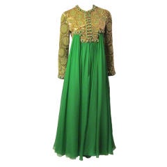 Travilla Kelly Green Gown with Beaded & Jeweled Bodice/Sleeves