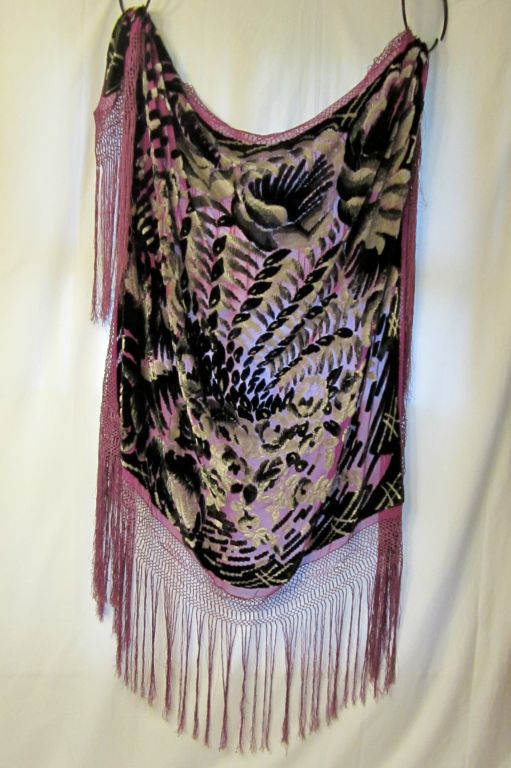 1920's Dramatic Black /White Cut-Silk Velvet Shawl on Plum Silk