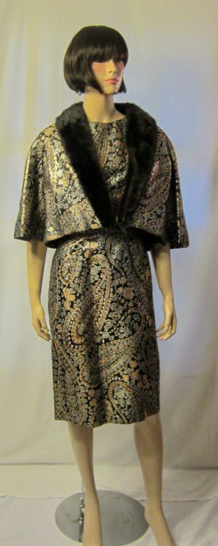 1960's Silver, Gold, & Black Brocaded Outfit with  Mink Collar
