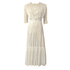 Antique White Edwardian Tea Gown with Hand-Embroidery and Lace