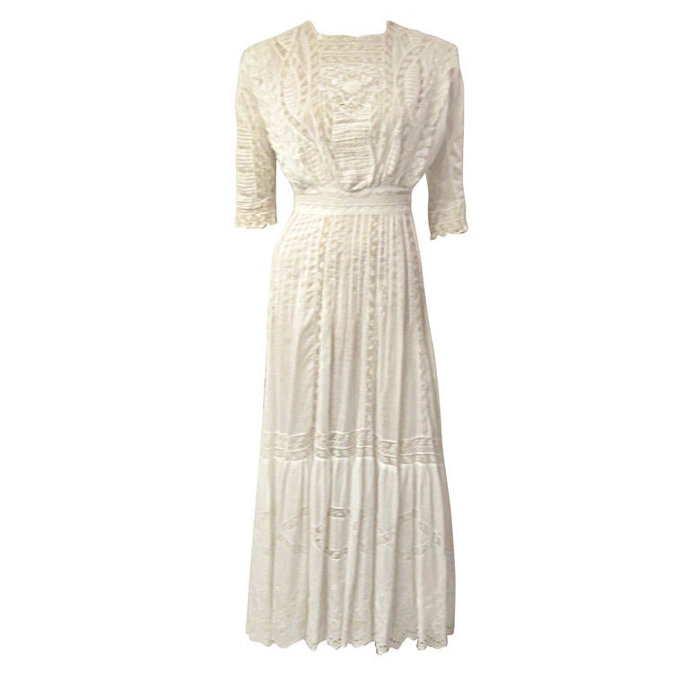 White Edwardian Tea Gown with Hand-Embroidery and Lace For Sale
