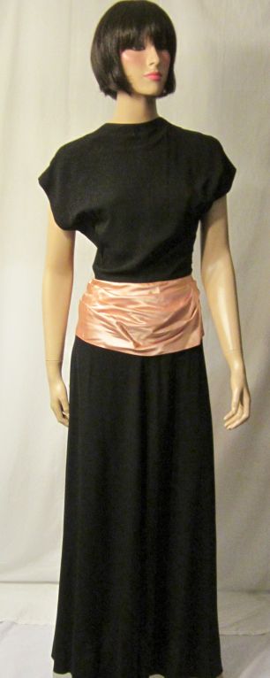 1930's Black Crepe & Pink Satin Gown with Modified Bustle Effect 3