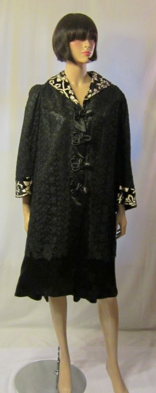 Black Satin Edwardian Coat with Black Lace Overlay