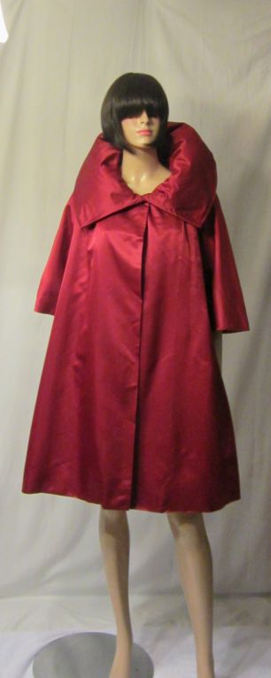 1950's Ruby Red Silk Evening Coat with Stand-Up Collar