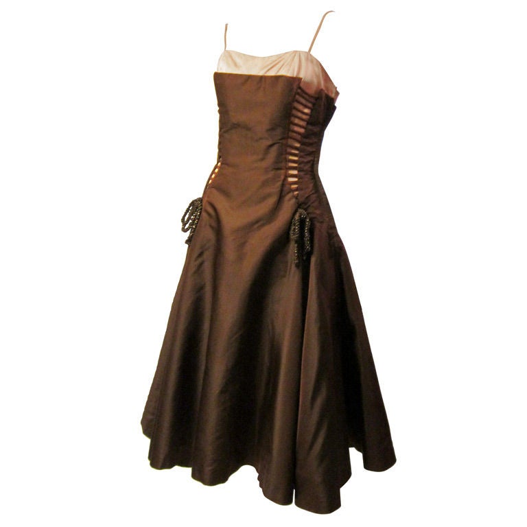 1950's Unusual Brown &  Pink Gown with Interesting Details For Sale