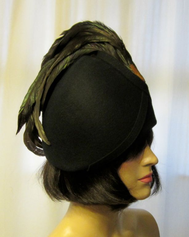 Women's Dramatic Black 1960's Woolen Helmet Hat with Coque Feathers For Sale