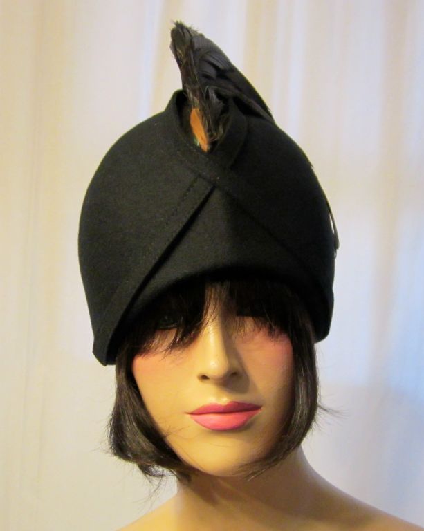 Dramatic Black 1960's Woolen Helmet Hat with Coque Feathers For Sale 1