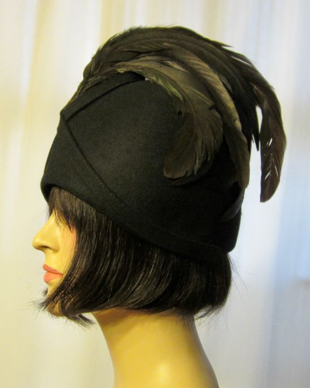 Dramatic Black 1960's Woolen Helmet Hat with Coque Feathers For Sale 2