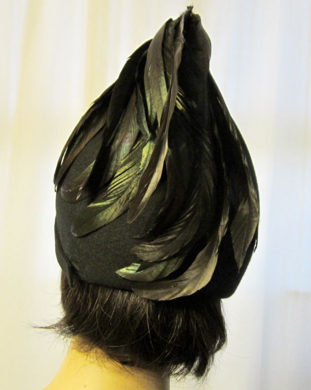 Dramatic Black 1960's Woolen Helmet Hat with Coque Feathers For Sale 3