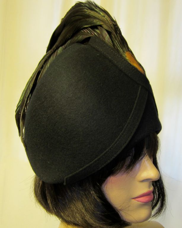 Dramatic Black 1960's Woolen Helmet Hat with Coque Feathers For Sale 5