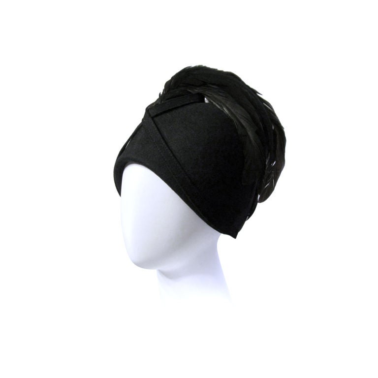 Dramatic Black 1960's Woolen Helmet Hat with Coque Feathers For Sale