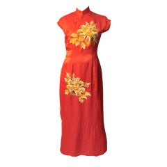 Antique 1930's Red Chinese Cheongsam Embroidered with Peonies