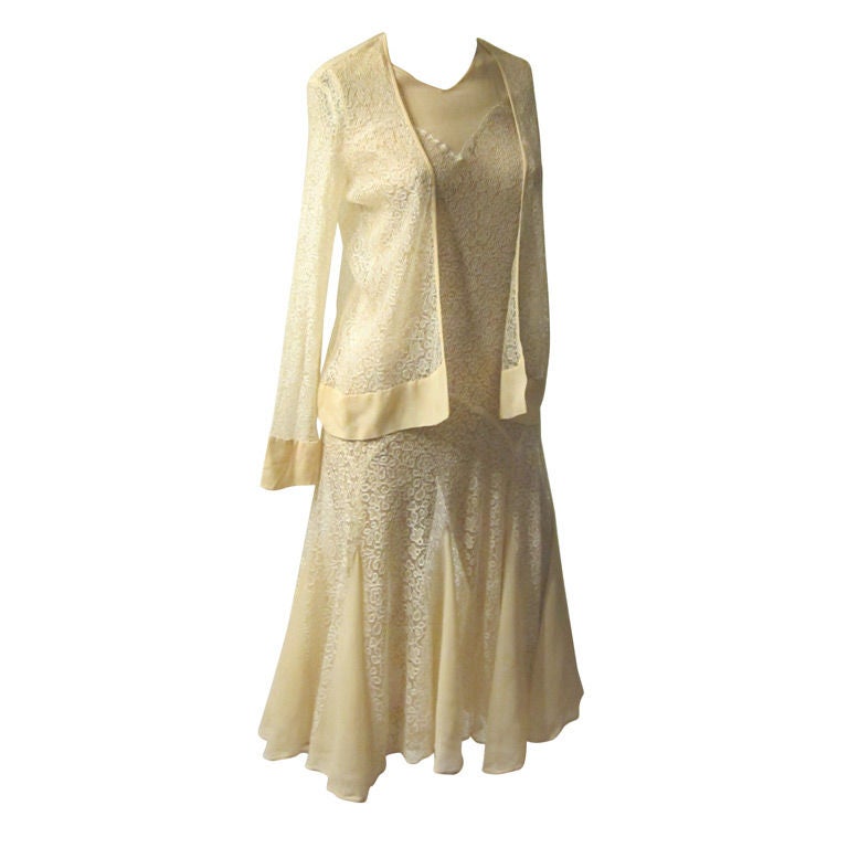 1920's Smart & Sassy Ecru Lace & Chiffon Dress/Matching Jacket For Sale
