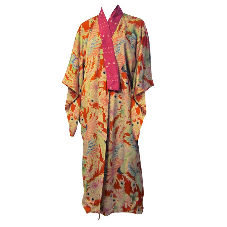 1930's Pink, Red, & Magenta Printed Silk Kimono For Sale