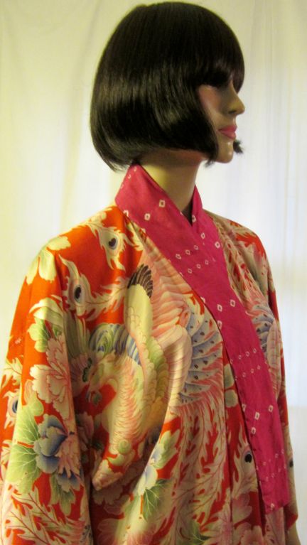 1930's Pink, Red, & Magenta Printed Silk Kimono For Sale 3
