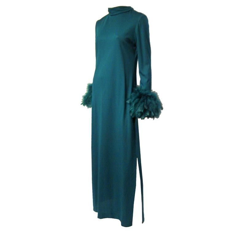 Simply Elegant Teal Blue Gown/ Feathered Wrists by Victor Costa For Sale