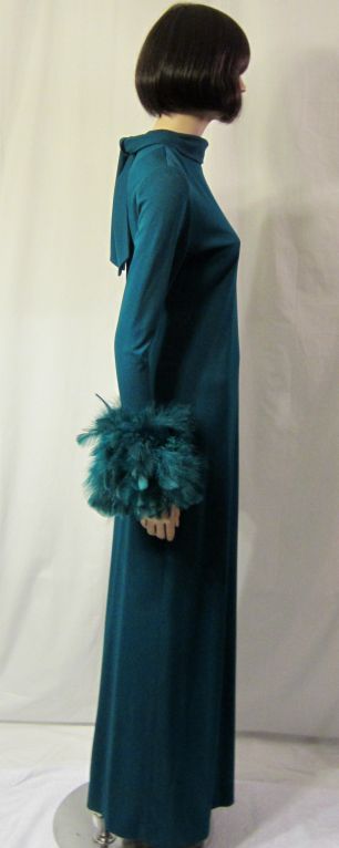 Women's Simply Elegant Teal Blue Gown/ Feathered Wrists by Victor Costa For Sale