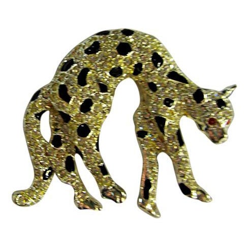 Clear Rhinestone Leopard Brooch with Black Enameled Accents For Sale