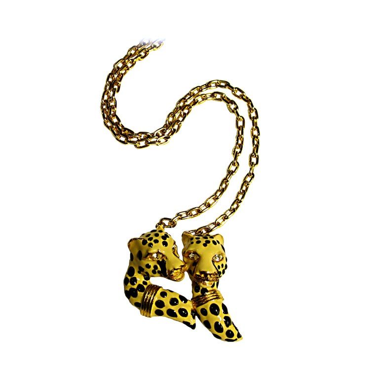 Double Leopard Head Pendant on Gold-Toned Chain For Sale