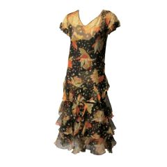 Yellow, Orange, Black Printed Chiffon Gown/Lace Accents